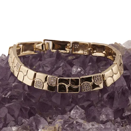 Bratara din cupru placat cu aur galben 18k lata, model gravat, imagine 2