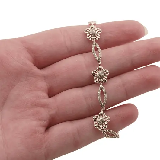 Bratara din cupru placat cu aur galben 18k, model flori si zale ovale, imagine 3