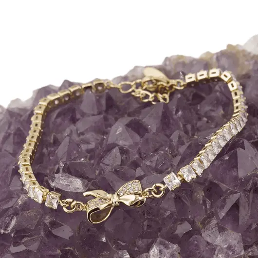 Bratara din cupru placat cu aur galben 18k, model fundita si zirconiu cubic, imagine 2