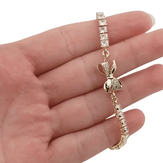Bratara din cupru placat cu aur galben 18k, model fundita si zirconiu cubic, imagine 3
