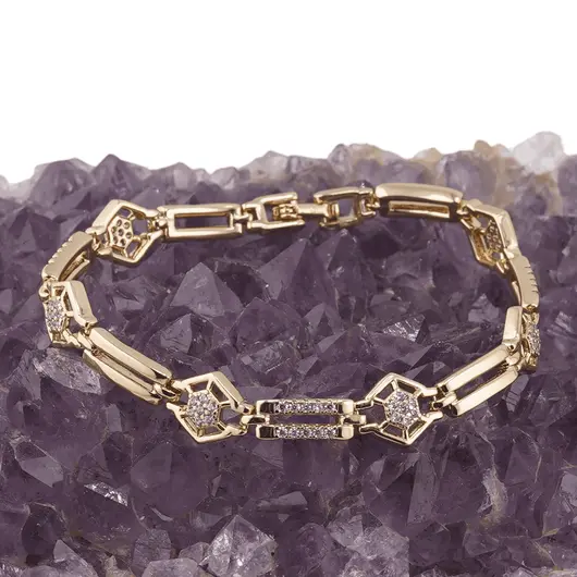 Bratara din cupru placat cu aur galben 18k, model geometric cu zirconii, imagine 2