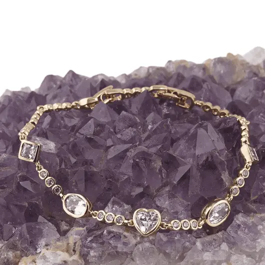 Bratara din cupru placat cu aur galben 18k, model geometric si inima cu zirconii, imagine 2