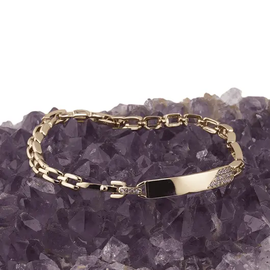 Bratara din cupru placat cu aur galben 18k, model lant box si tablita cu zirconii, imagine 2