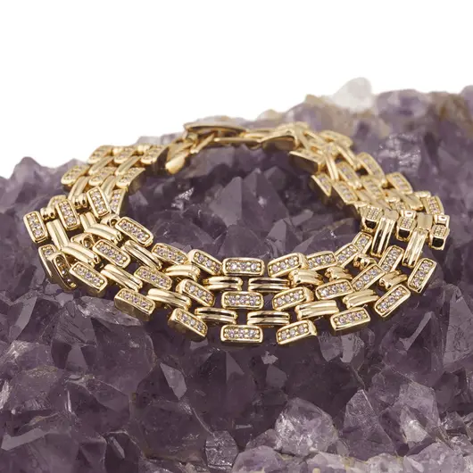 Bratara din cupru placat cu aur galben 18k, model plat pe patru randuri cu zirconiu, imagine 2