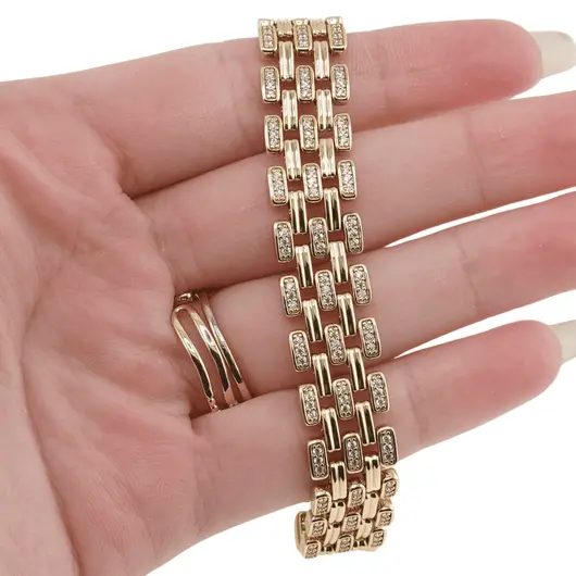 Bratara din cupru placat cu aur galben 18k, model plat pe patru randuri cu zirconiu, imagine 3