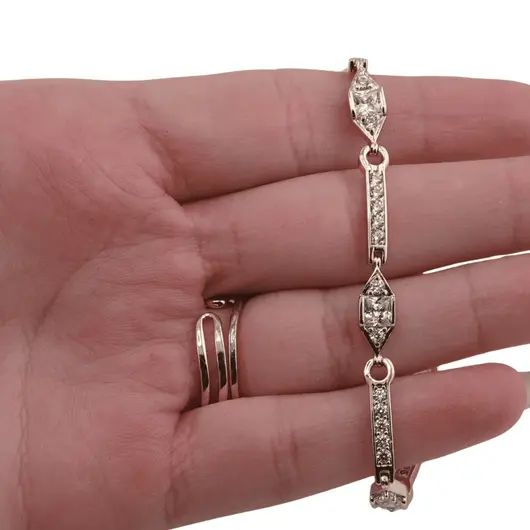 Bratara din cupru placat cu aur galben 18k, model romb si tablite cu zirconii incrustate, imagine 3