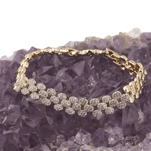 Bratara din cupru placat cu aur galben 18k, model sfere plate pe trei randuri cu zirconiu, imagine 2