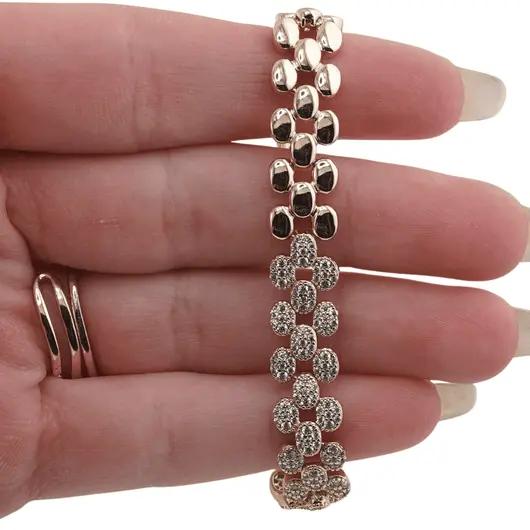 Bratara din cupru placat cu aur galben 18k, model sfere plate pe trei randuri cu zirconiu, imagine 3