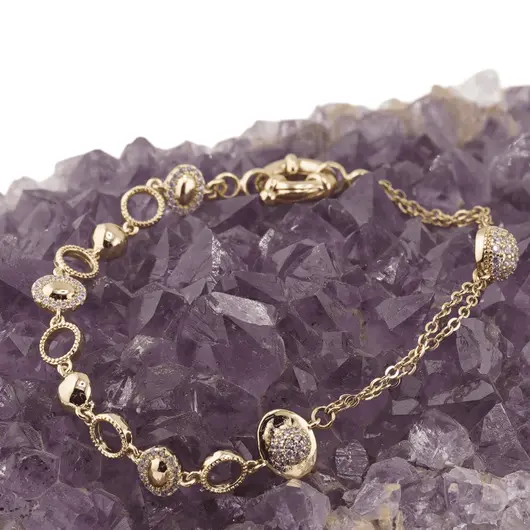 Bratara din cupru placat cu aur galben 18k, model sfere si ochi cu zirconiu, imagine 2