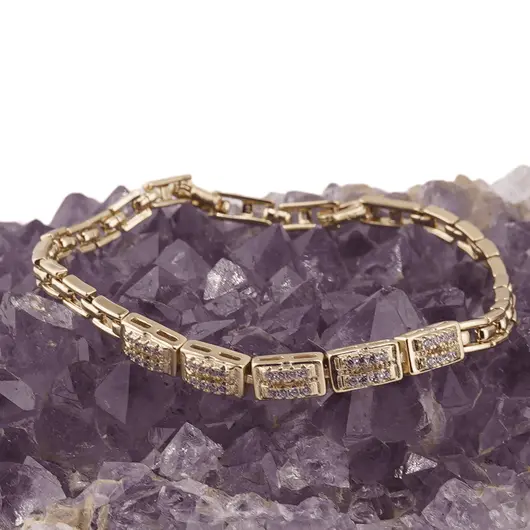 Bratara din cupru placat cu aur galben 18k, model tablite cu doua randuri de zirconii, imagine 2
