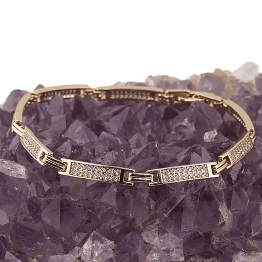 Bratara din cupru placat cu aur galben 18k, model tablite cu zirconii incrustate, imagine 2