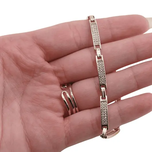 Bratara din cupru placat cu aur galben 18k, model tablite cu zirconii incrustate, imagine 3