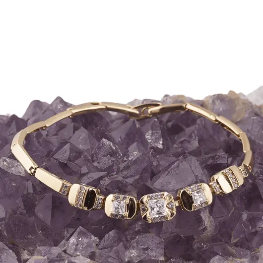 Bratara din cupru placat cu aur galben 18k, model tablite cu zirconiu cubic, imagine 2