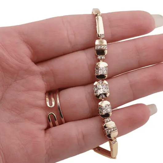 Bratara din cupru placat cu aur galben 18k, model tablite cu zirconiu cubic, imagine 3