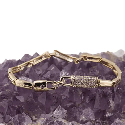 Bratara din cupru placat cu aur galben 18k, model tablite si lacat, imagine 2