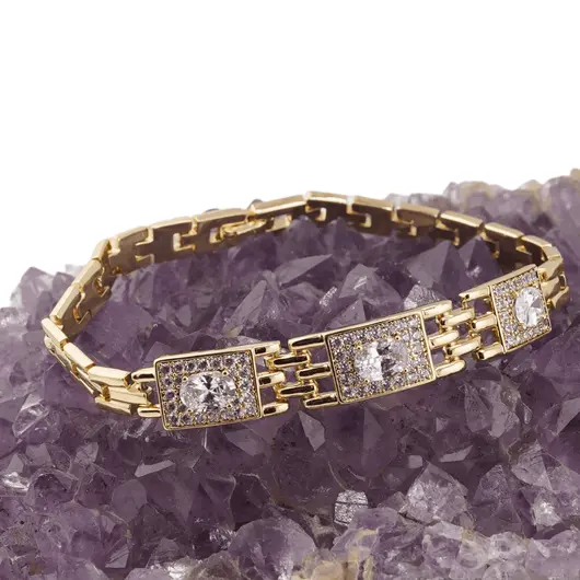 Bratara din cupru placat cu aur galben 18k, model vintage lat cu zirconiu, imagine 2