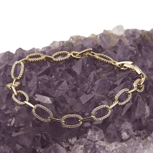 Bratara din cupru placat cu aur galben 18k, model zale alungite si zirconiu, imagine 2