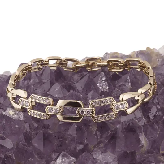 Bratara din cupru placat cu aur galben 18k, model zale dreptunghiulare cu zirconii, imagine 2