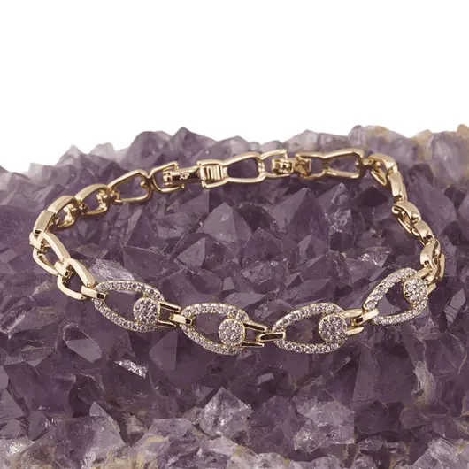 Bratara din cupru placat cu aur galben 18k, model zale ovale cu zirconii, imagine 2