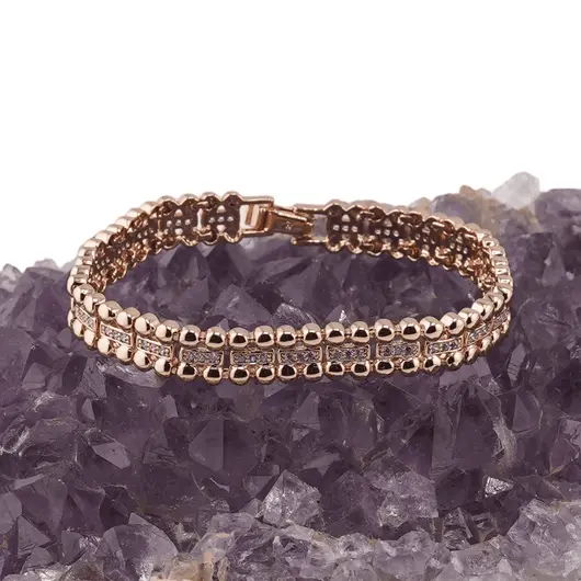 Bratara din cupru placat cu aur roz 18k lata, model mesh cu bumbi plati, imagine 2