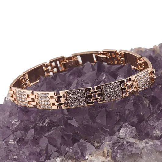 Bratara din cupru placat cu aur roz 18k lata, model tablite cu zirconiu, imagine 2