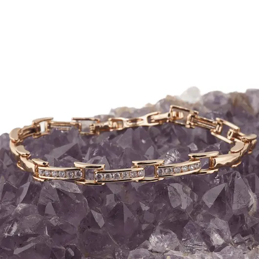 Bratara din cupru placat cu aur roz 18k, model box alungit cu zirconiu alb, imagine 2
