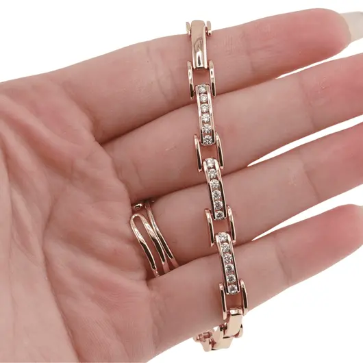 Bratara din cupru placat cu aur roz 18k, model box alungit cu zirconiu alb, imagine 3