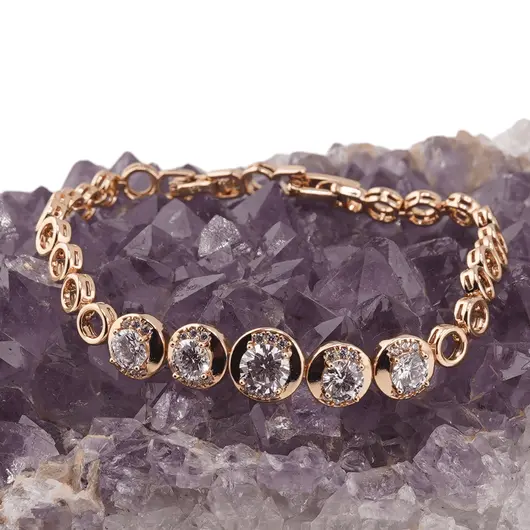 Bratara din cupru placat cu aur roz 18k, model cercuri cu zirconii albe, imagine 2