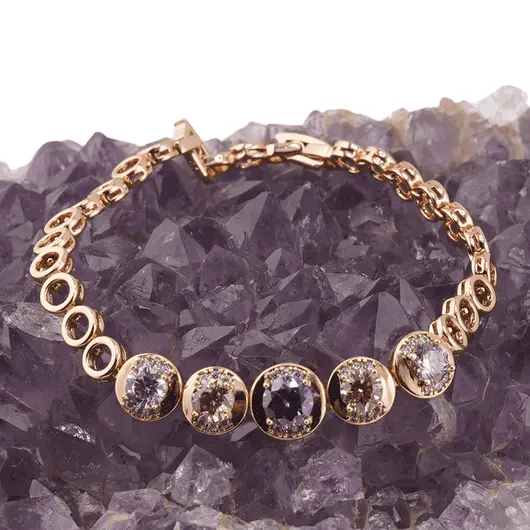 Bratara din cupru placat cu aur roz 18k, model cercuri cu zirconii multicolore, imagine 2