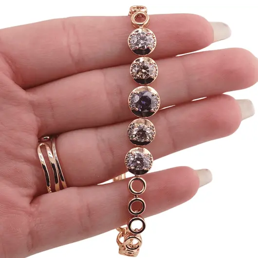 Bratara din cupru placat cu aur roz 18k, model cercuri cu zirconii multicolore, imagine 3