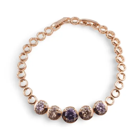 Bratara din cupru placat cu aur roz 18k, model cercuri cu zirconii multicolore