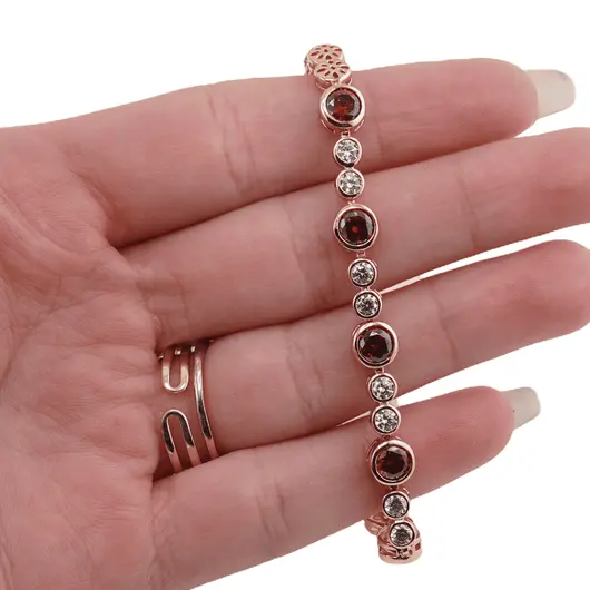 Bratara din cupru placat cu aur roz 18k, model cercuri cu zirconii rosii, imagine 3