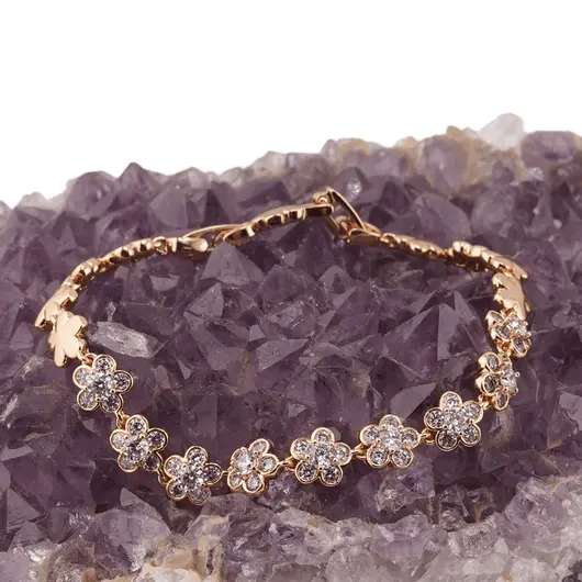 Bratara din cupru placat cu aur roz 18k, model flori cu zirconii, imagine 2