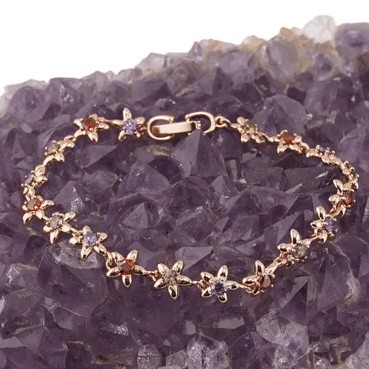 Bratara din cupru placat cu aur roz 18k, model flori cu zirconii multicolore, imagine 2
