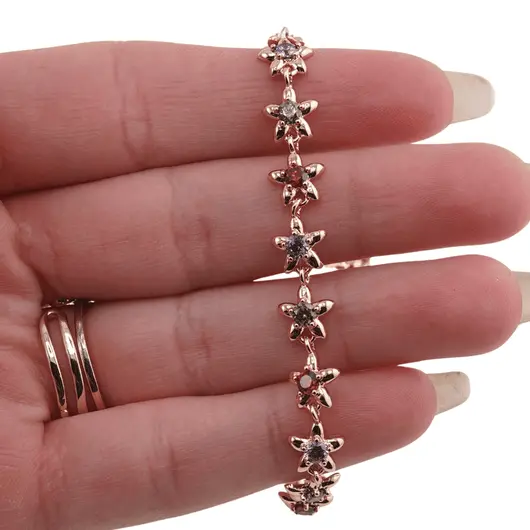 Bratara din cupru placat cu aur roz 18k, model flori cu zirconii multicolore, imagine 3