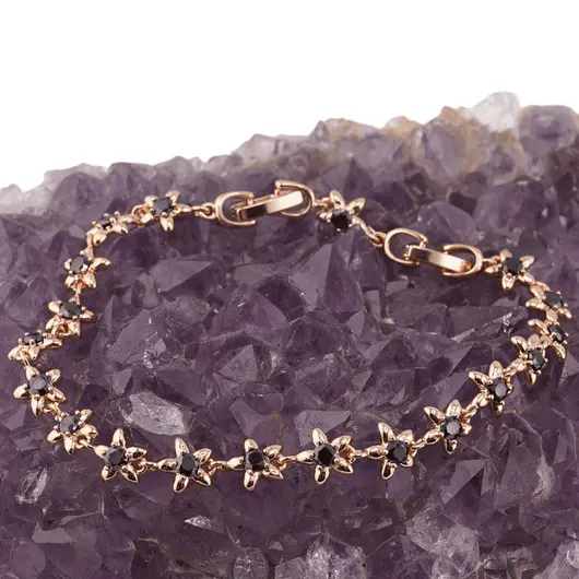 Bratara din cupru placat cu aur roz 18k, model flori cu zirconii negre, imagine 2