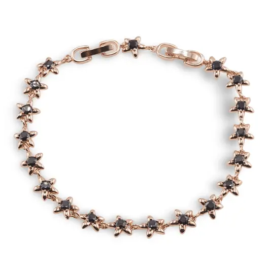 Bratara din cupru placat cu aur roz 18k, model flori cu zirconii negre