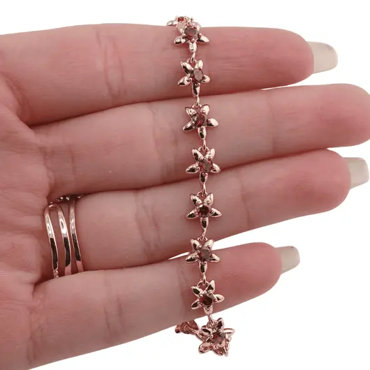 Bratara din cupru placat cu aur roz 18k, model flori cu zirconii rosii, imagine 3