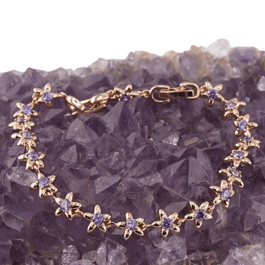 Bratara din cupru placat cu aur roz 18k, model flori cu zirconii violet, imagine 2