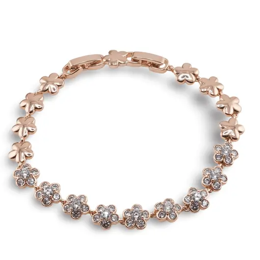 Bratara din cupru placat cu aur roz 18k, model flori cu zirconii