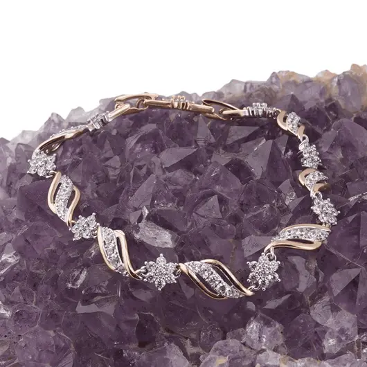 Bratara din cupru placat cu aur roz 18k, model frunze si flori cu zirconiu, imagine 2