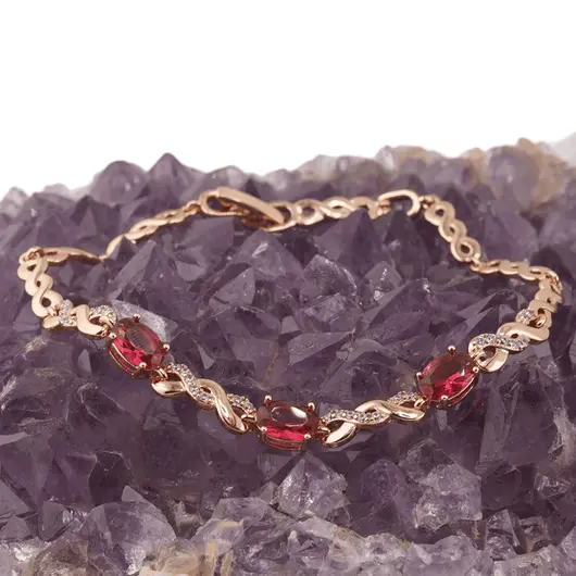 Bratara din cupru placat cu aur roz 18k, model impletit cu zirconii rosii, imagine 2