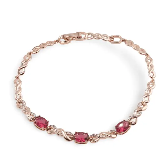 Bratara din cupru placat cu aur roz 18k, model impletit cu zirconii rosii