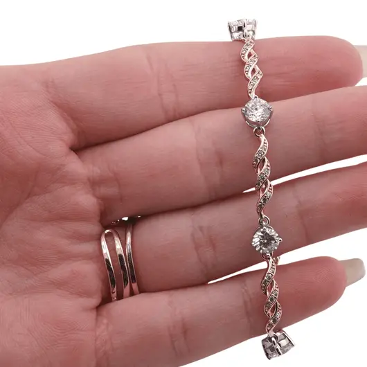 Bratara din cupru placat cu aur roz 18k, model impletit cu zirconiu rotund, imagine 3