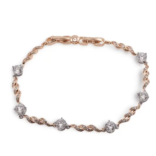 Bratara din cupru placat cu aur roz 18k, model impletit cu zirconiu rotund