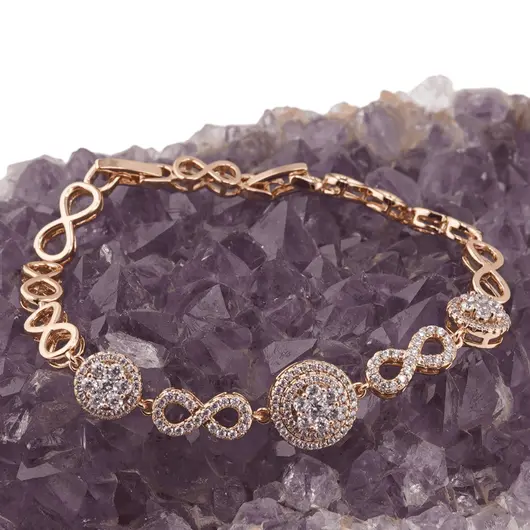 Bratara din cupru placat cu aur roz 18k, model infinit si sfere cu zirconiu, imagine 2