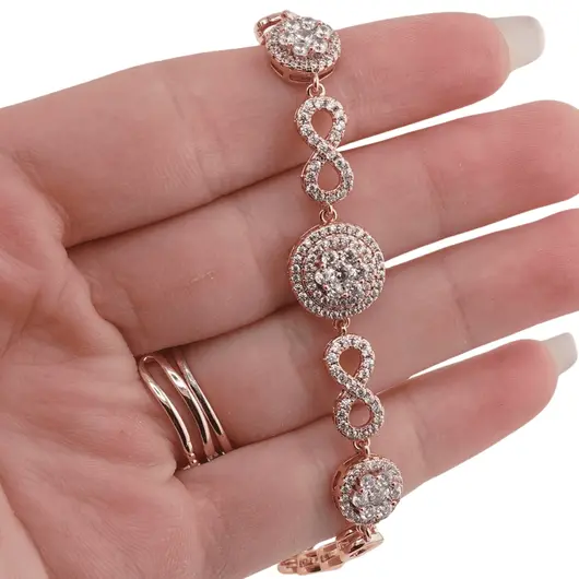 Bratara din cupru placat cu aur roz 18k, model infinit si sfere cu zirconiu, imagine 3