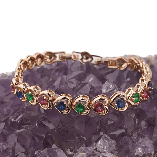 Bratara din cupru placat cu aur roz 18k, model inimi cu zirconii multicolore, imagine 2