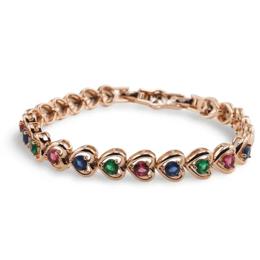 Bratara din cupru placat cu aur roz 18k, model inimi cu zirconii multicolore