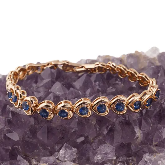 Bratara din cupru placat cu aur roz 18k, model inimi cu zirconiu albastru, imagine 2